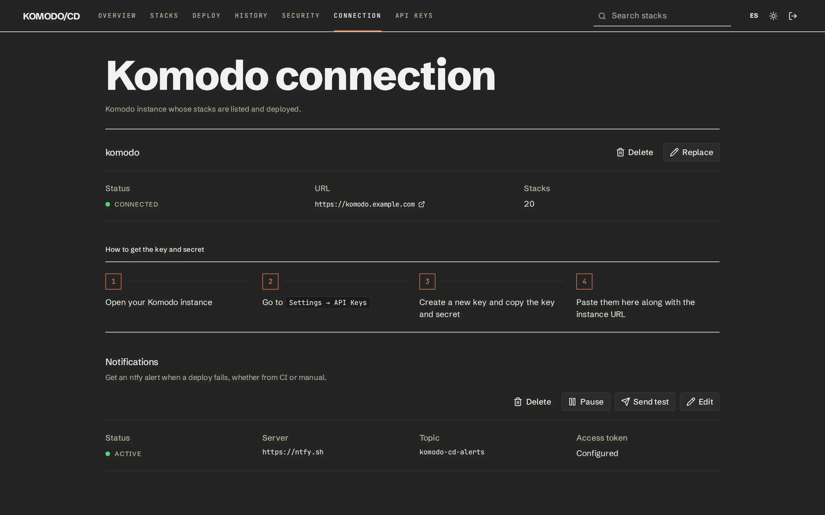 Komodo connection page showing the connected instance, its URL and the number of stacks