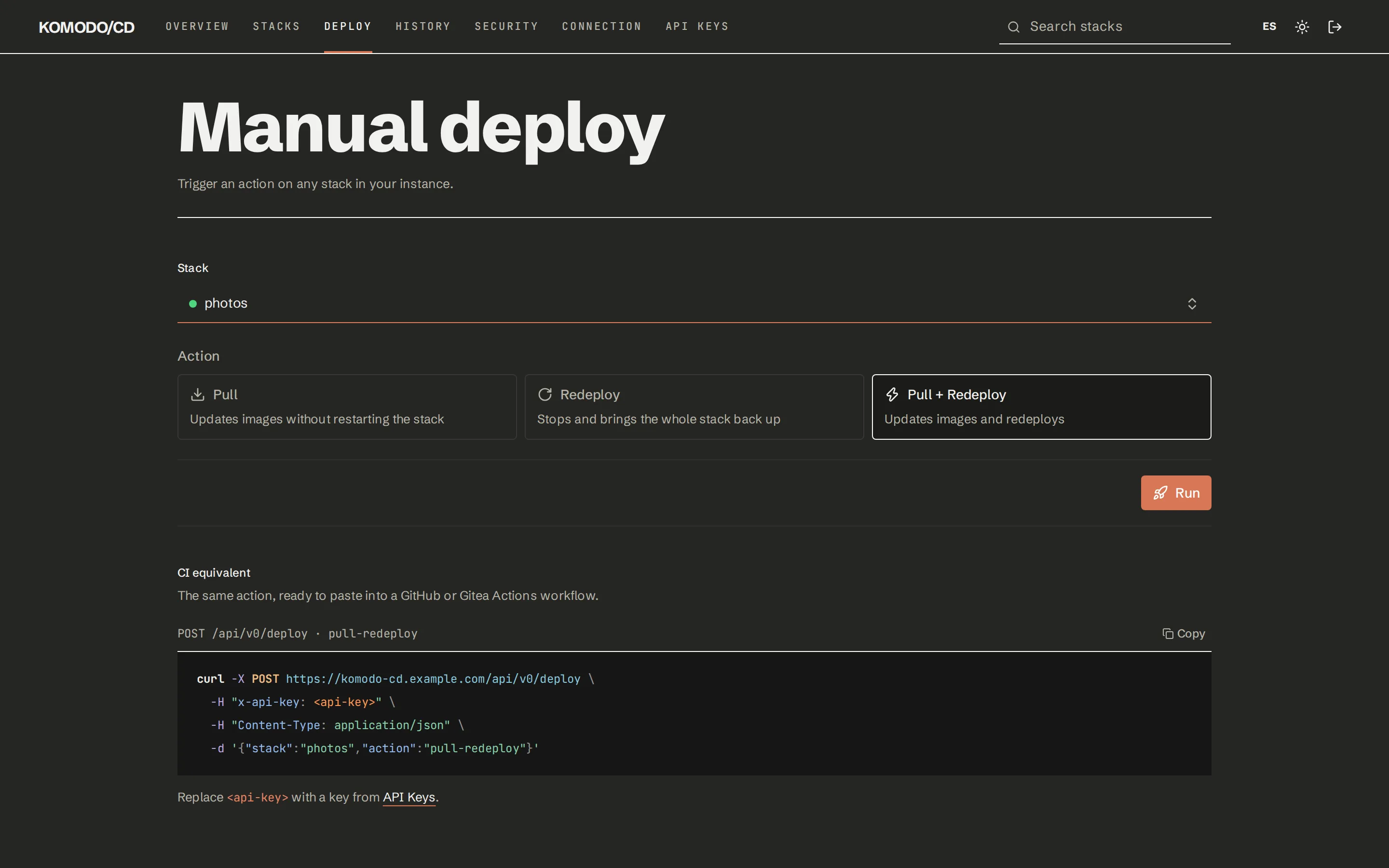 Manual deploy page with the stack picker, the three actions and the equivalent curl command