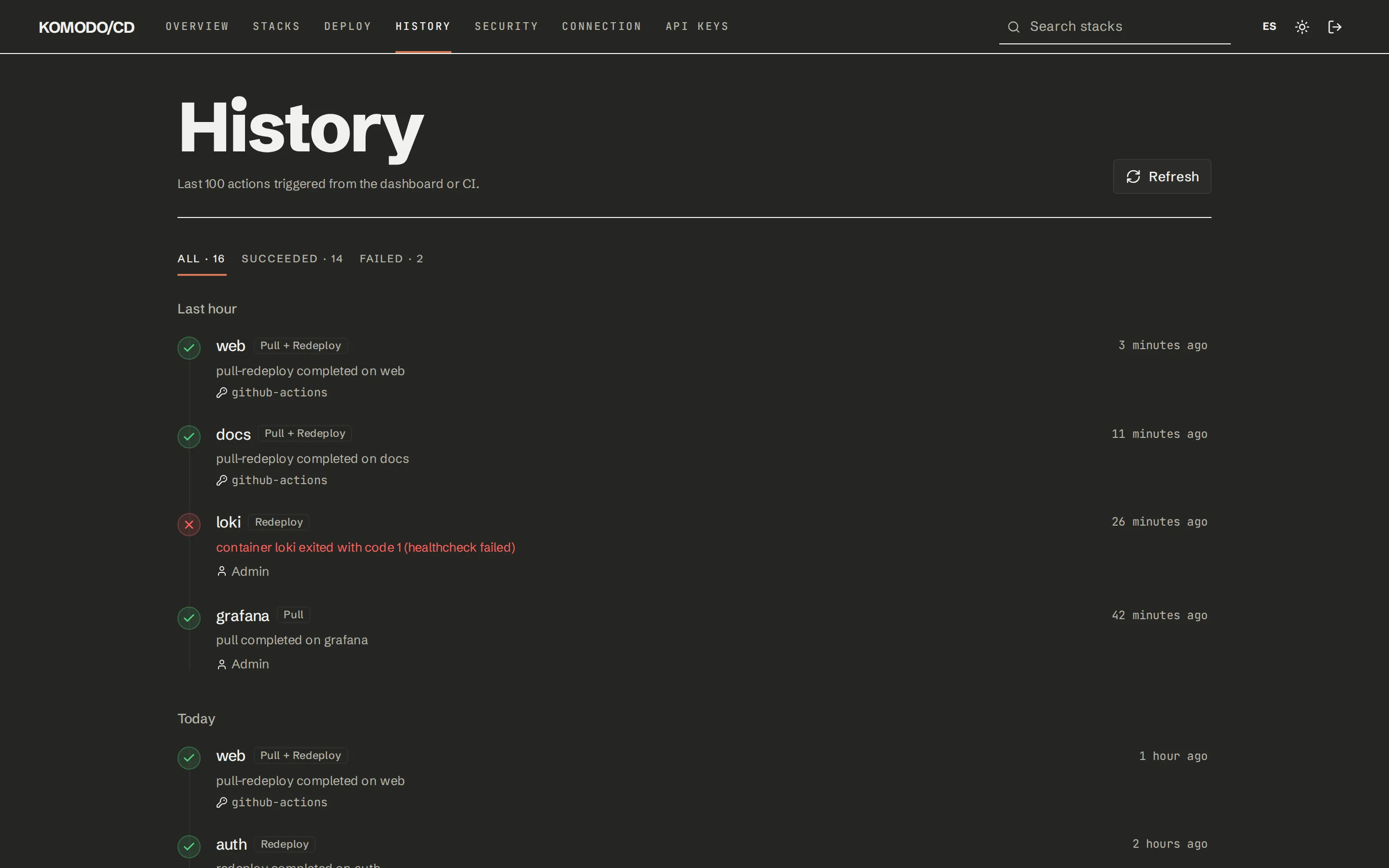 History page listing successful and failed actions, grouped by time