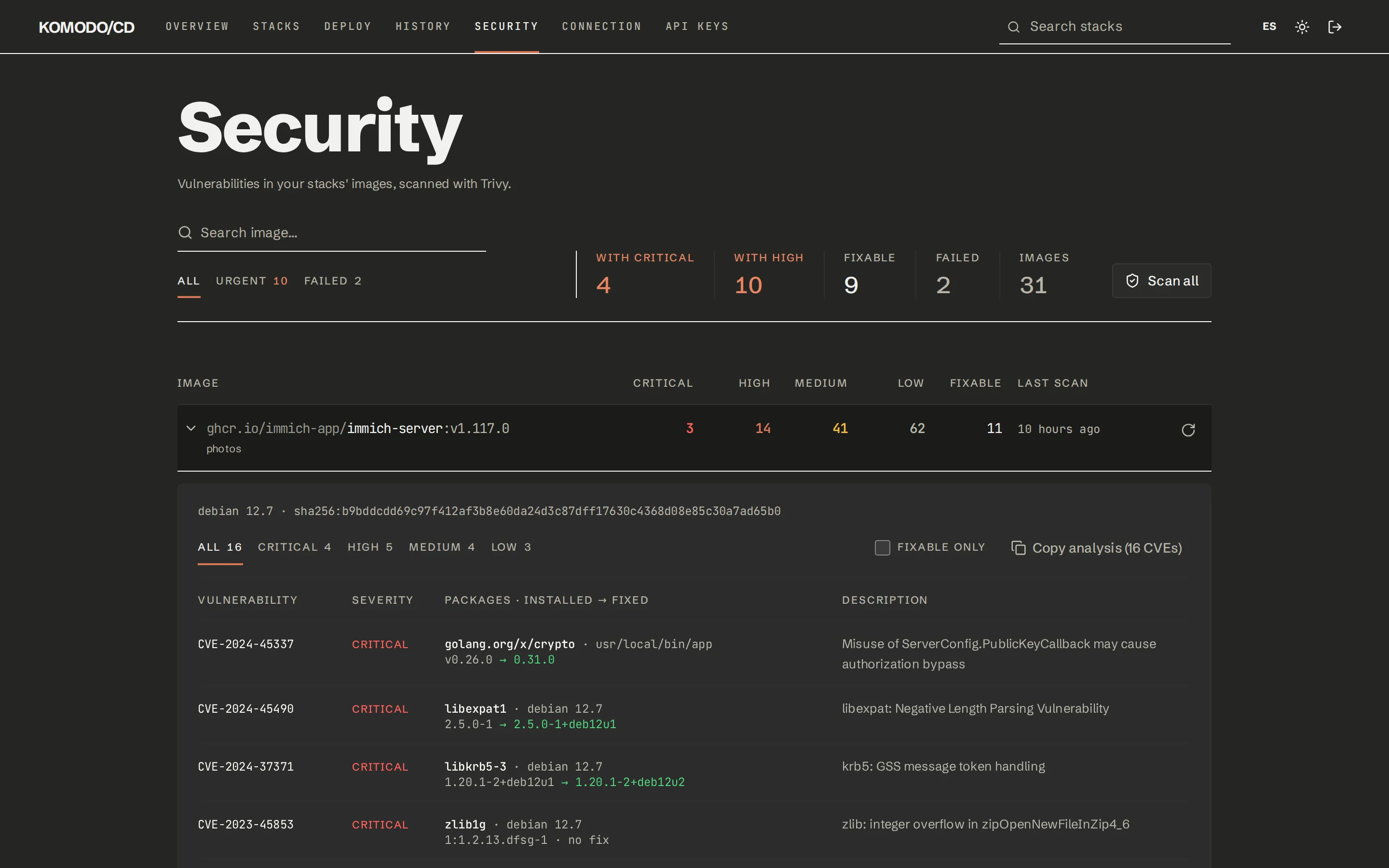 Security page: counters of images with critical and high vulnerabilities, and an open image with its CVEs, the affected package and the fixed version