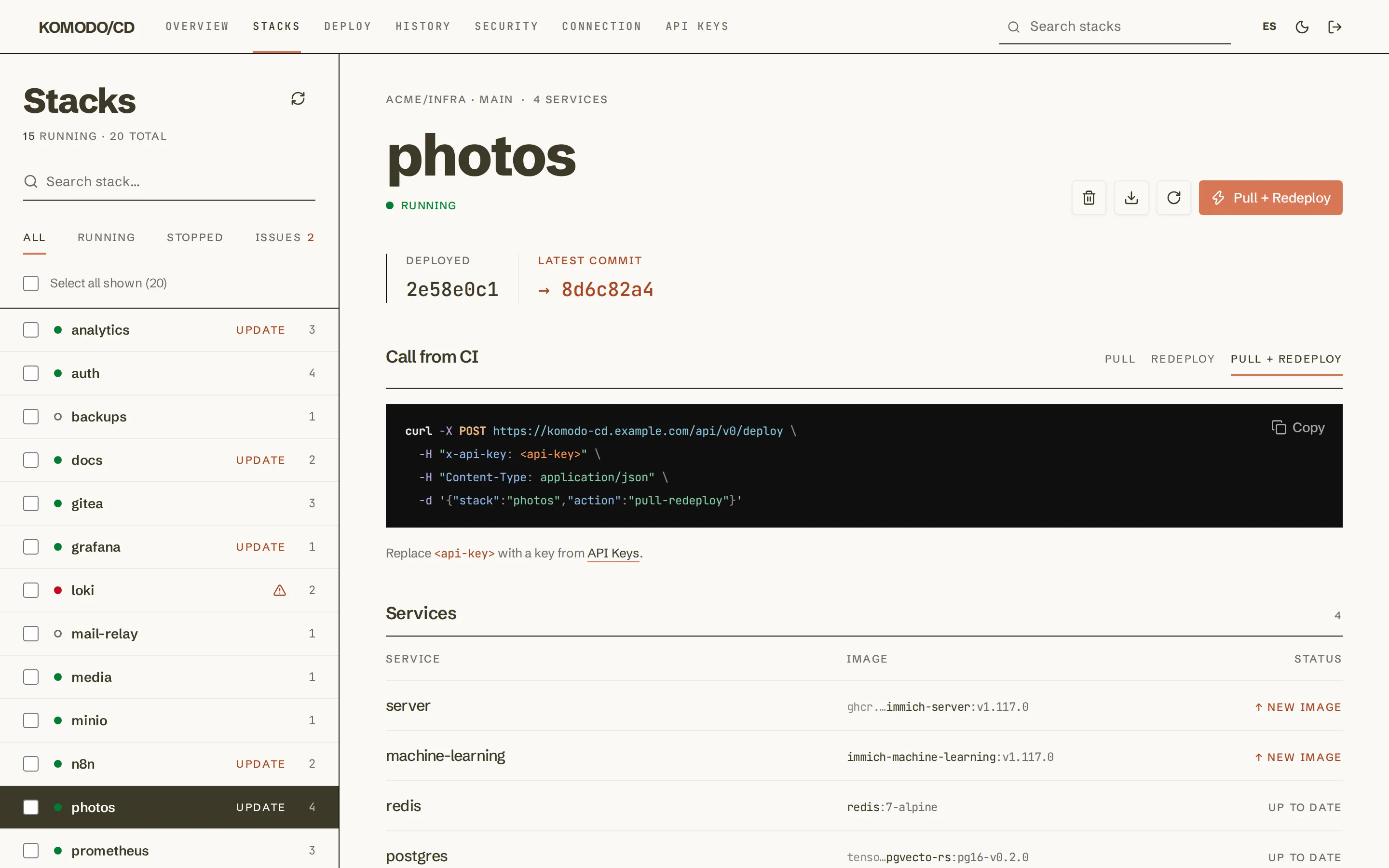 The stacks page in the light theme