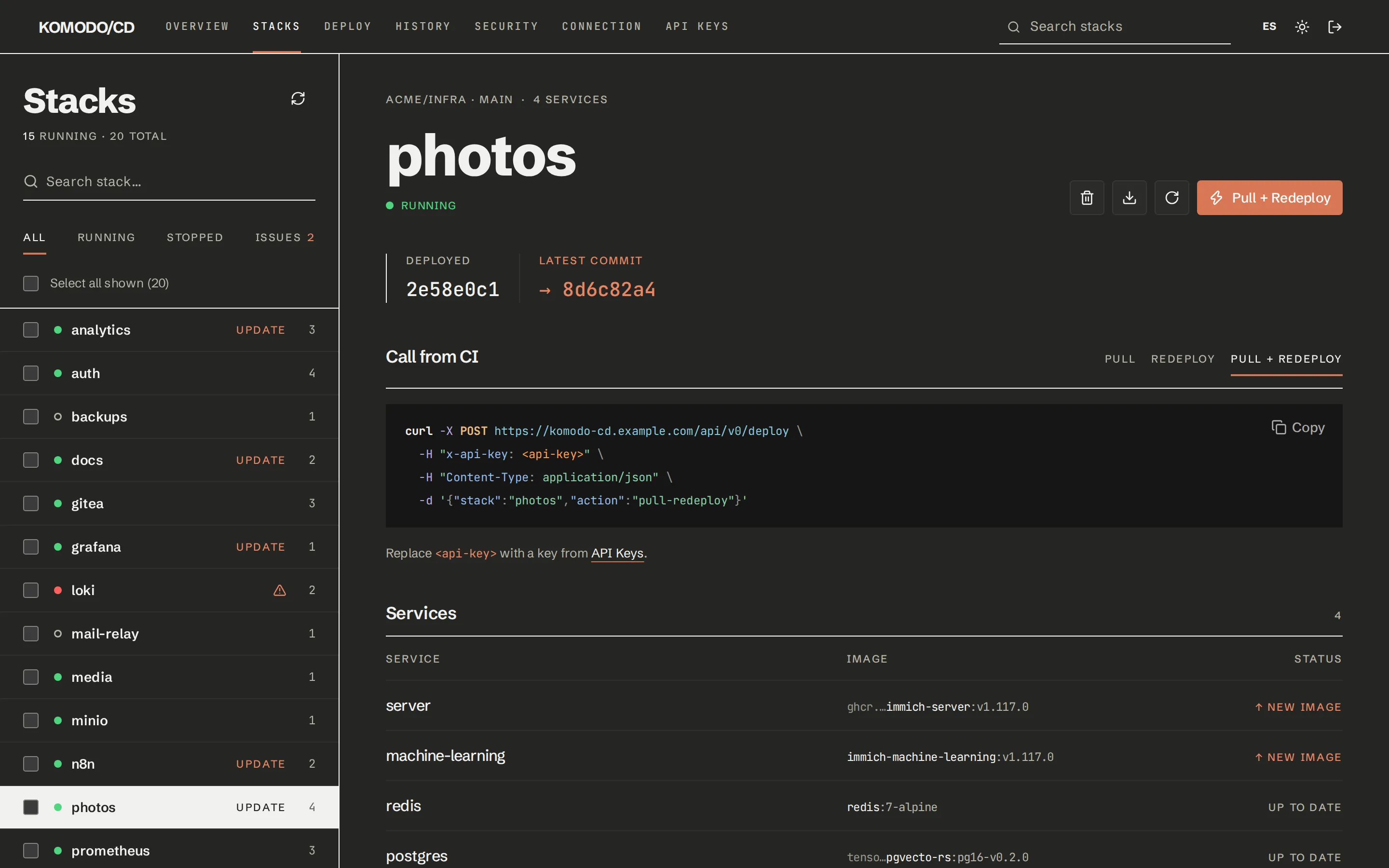 Stacks page: the list of stacks on the left and, on the right, a stack with two new images, a newer commit, its action buttons and its curl for CI