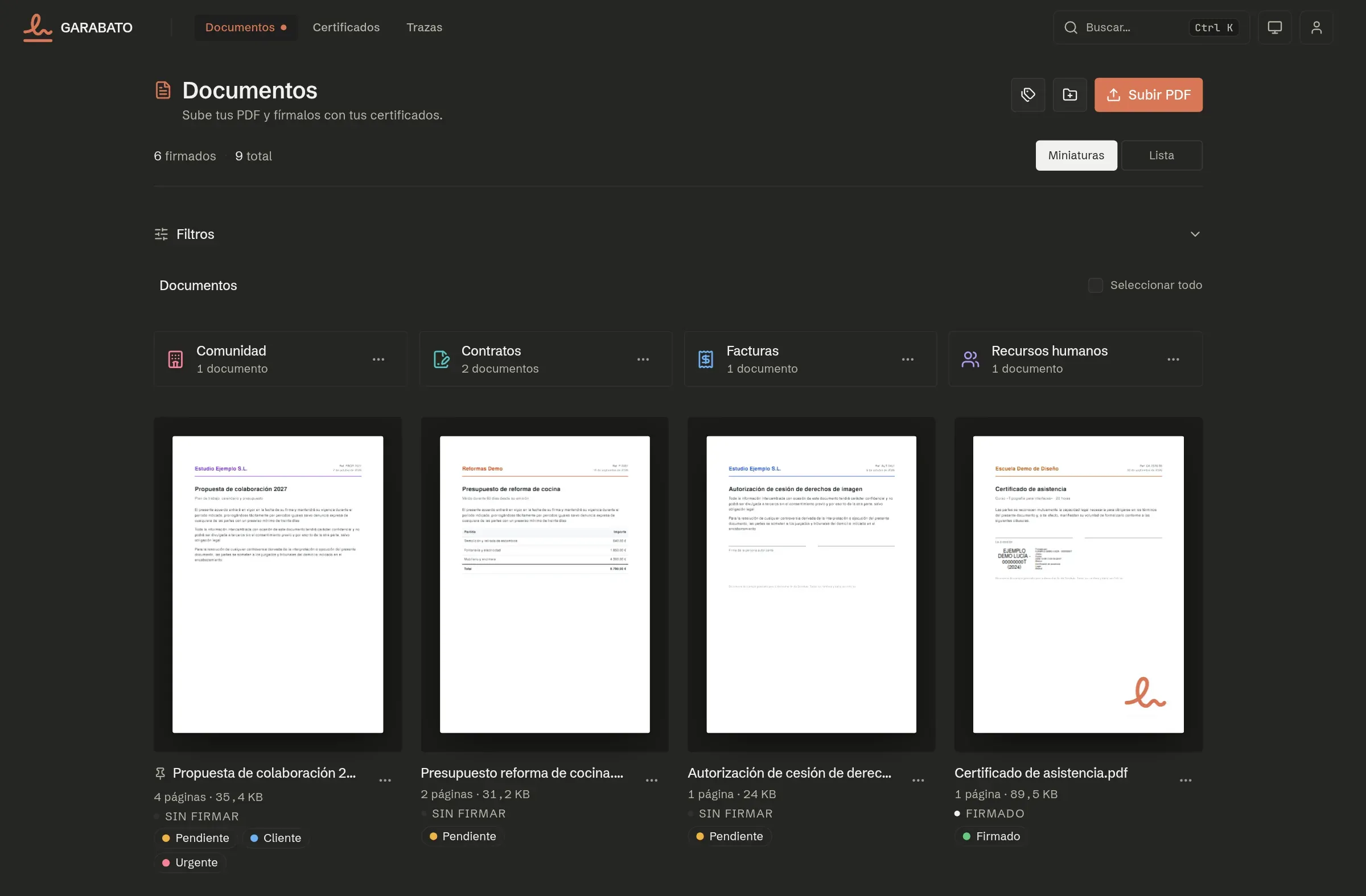 The document library: folders with their own icons, PDF thumbnails, pinned documents and colored tags