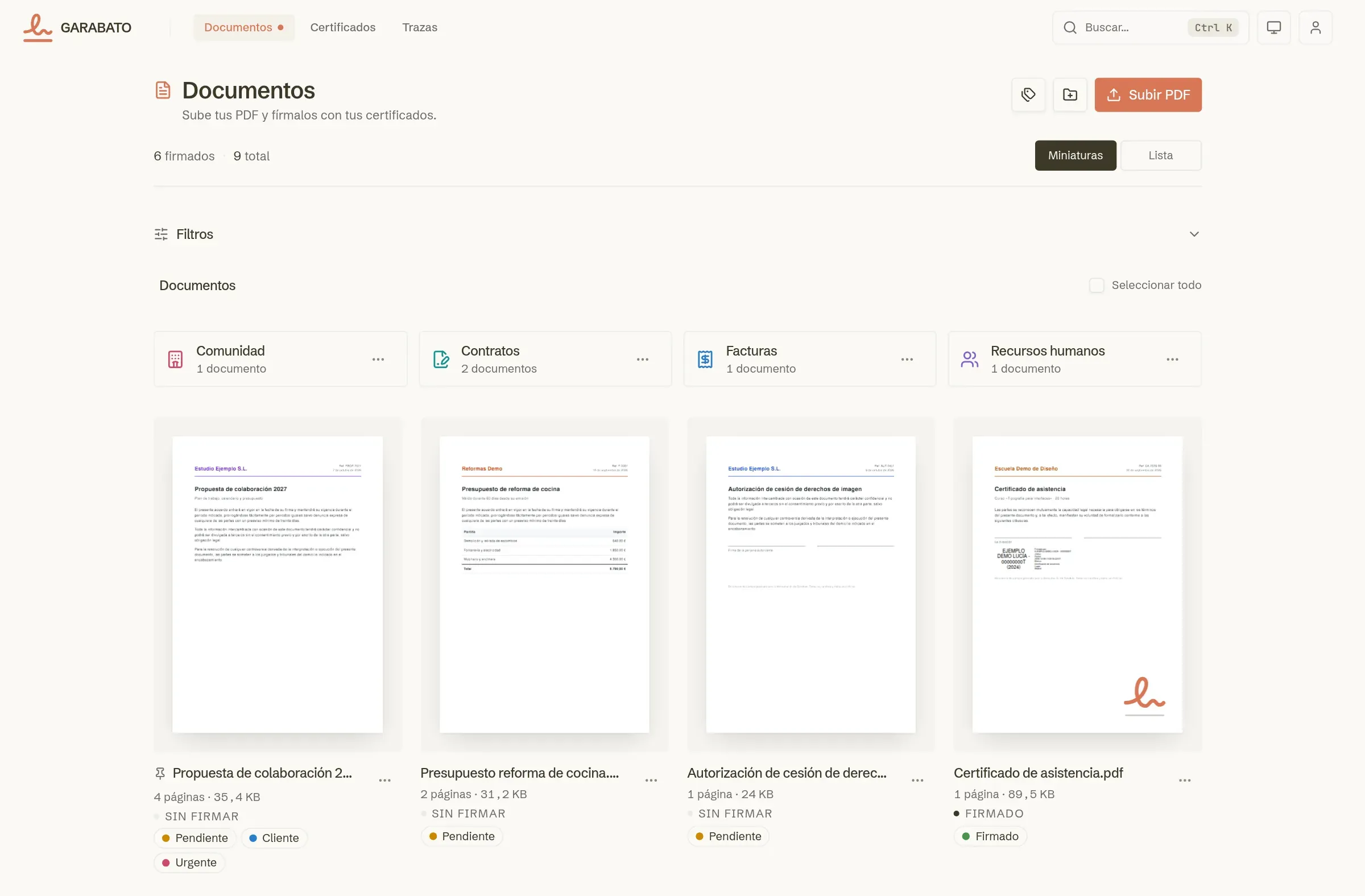 The document library: folders with their own icons, PDF thumbnails, pinned documents and colored tags