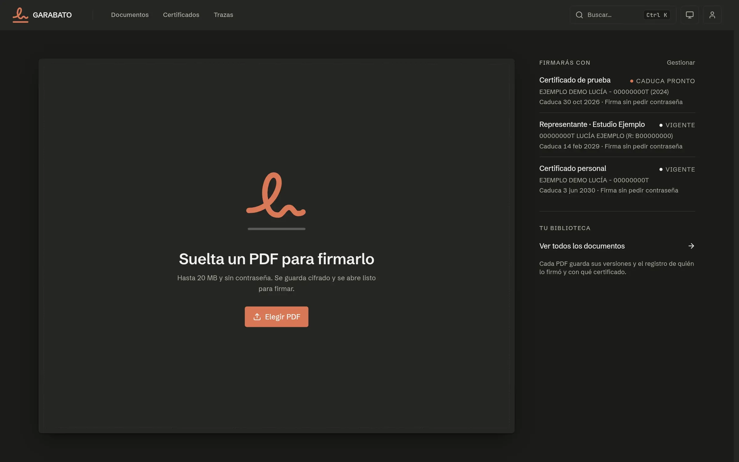 The home page: a drop zone for a PDF and the list of certificates the user signs with