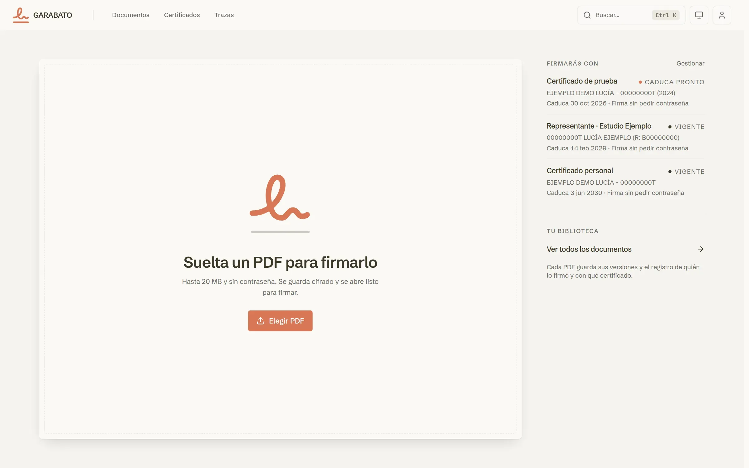 The home page: a drop zone for a PDF and the list of certificates the user signs with