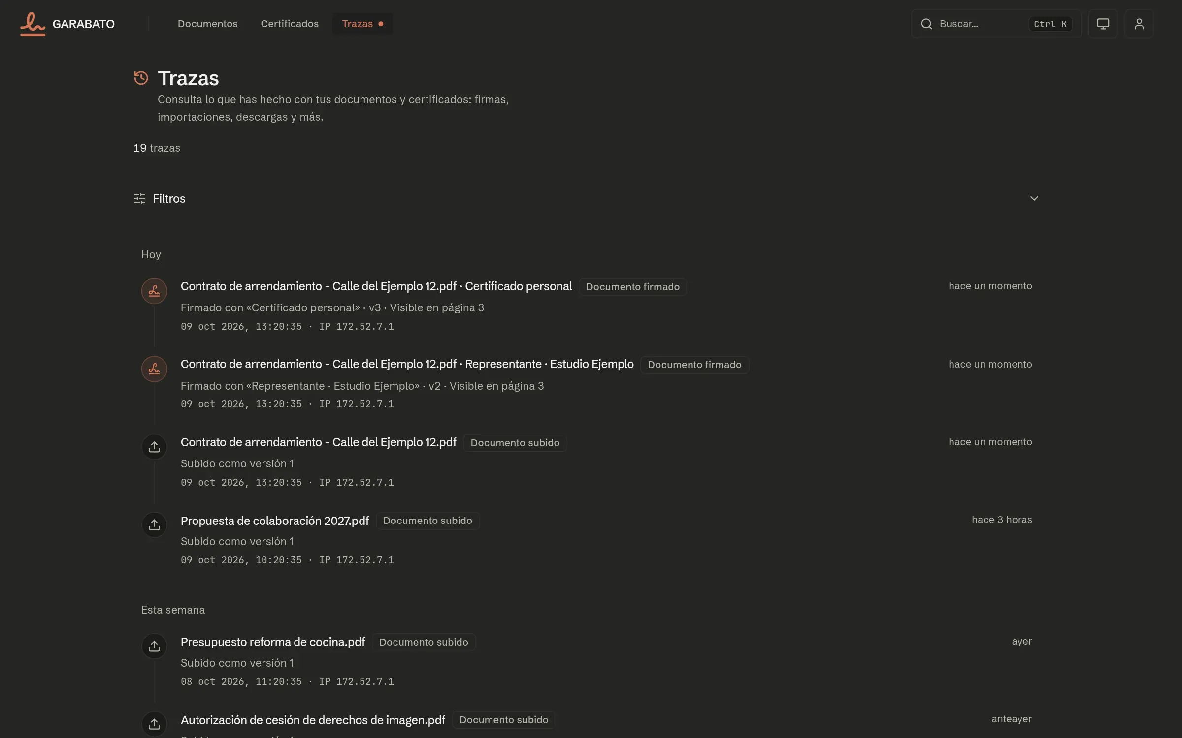 The traces page: one row per action with its type, document or certificate, date and detail