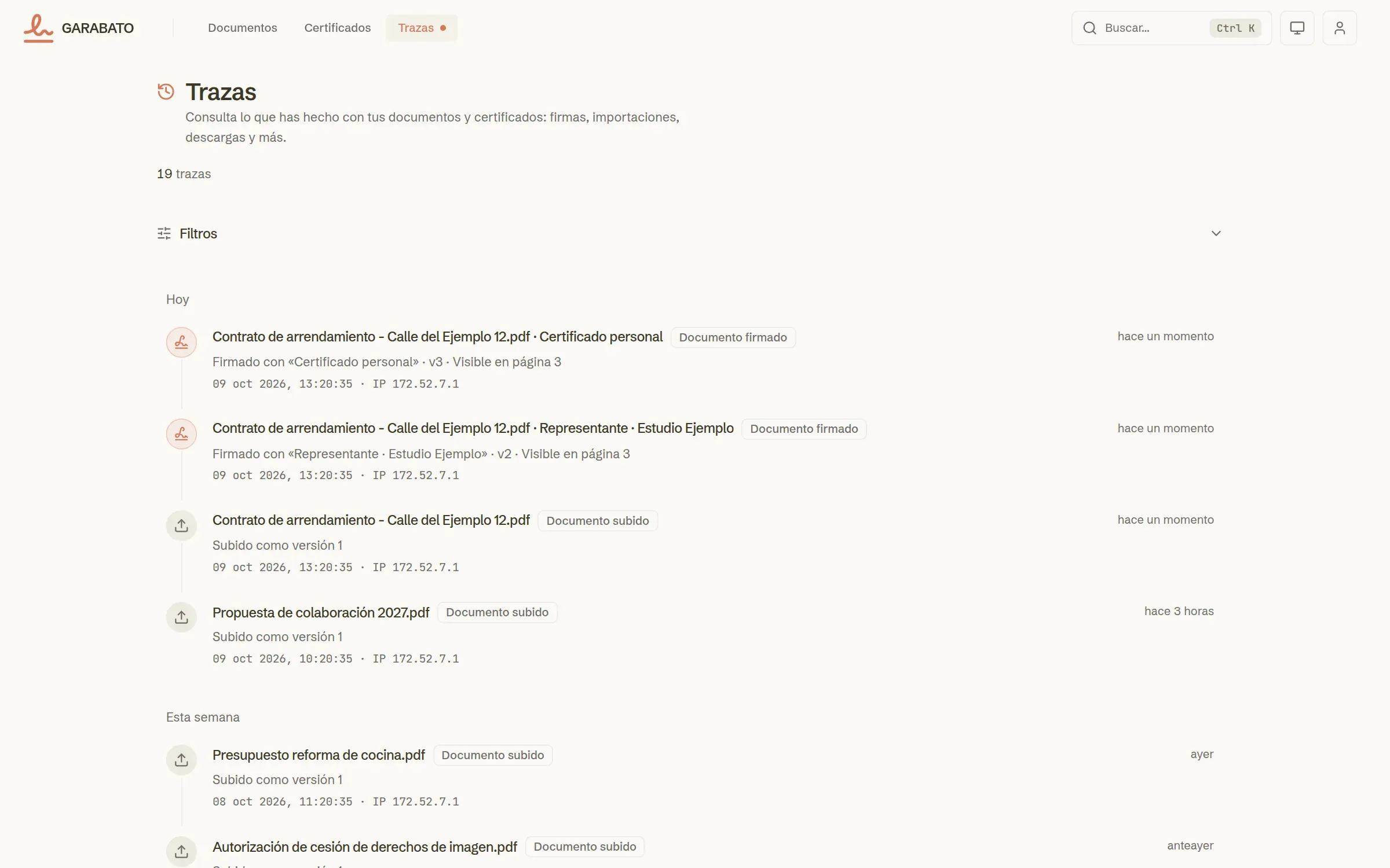 The traces page: one row per action with its type, document or certificate, date and detail