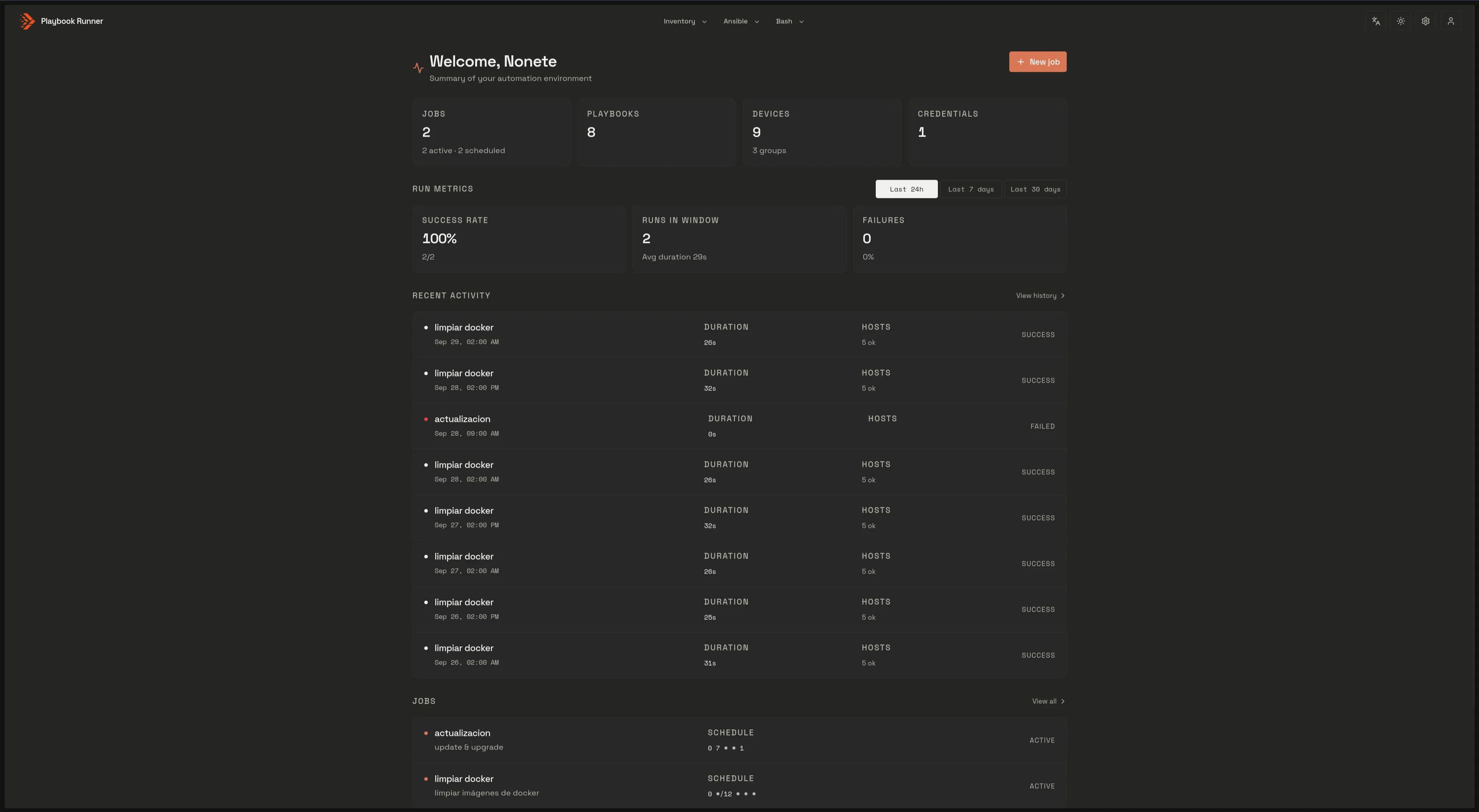 Dashboard with job, playbook, device and credential counts and the recent activity