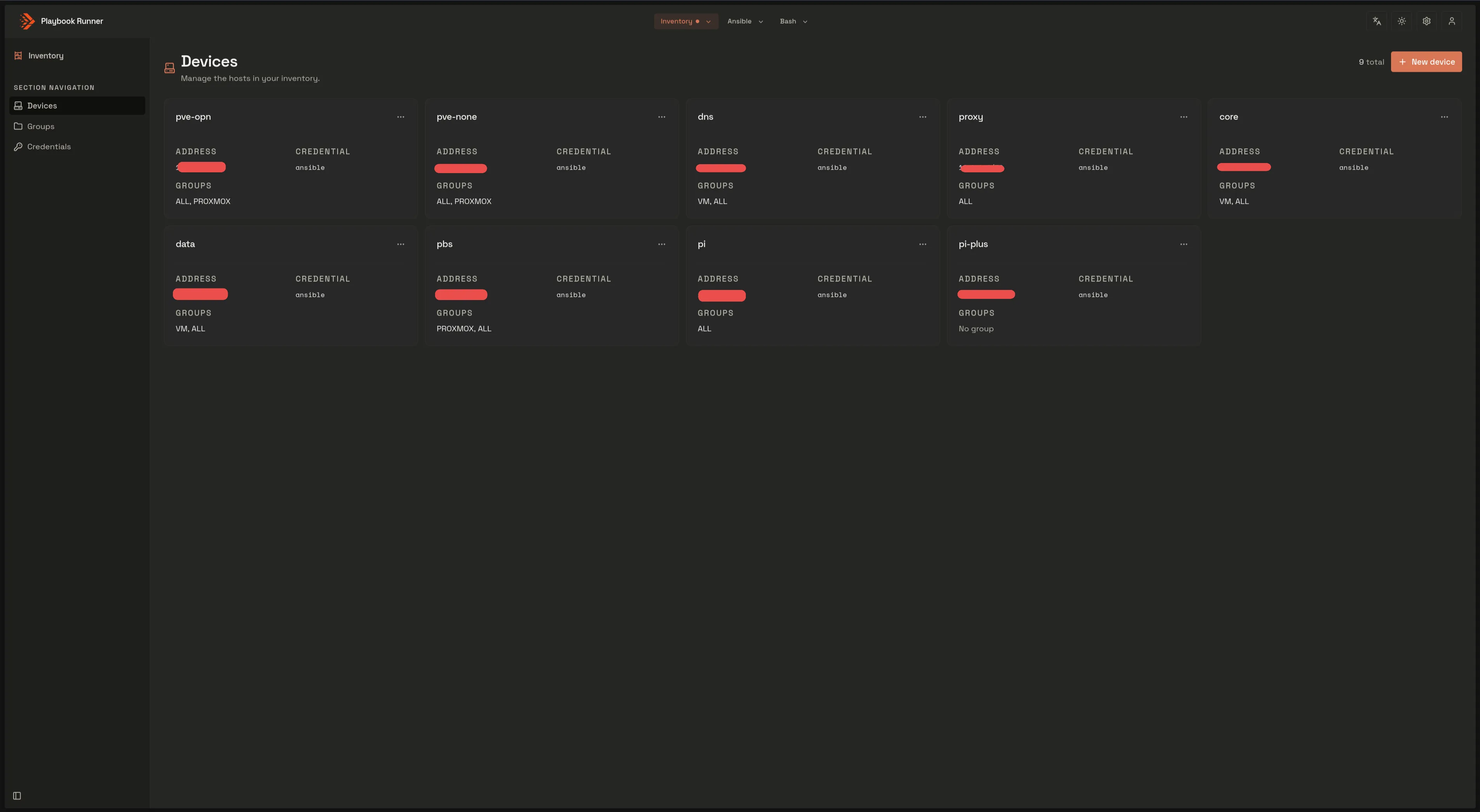 Inventory page listing devices, groups and SSH credentials