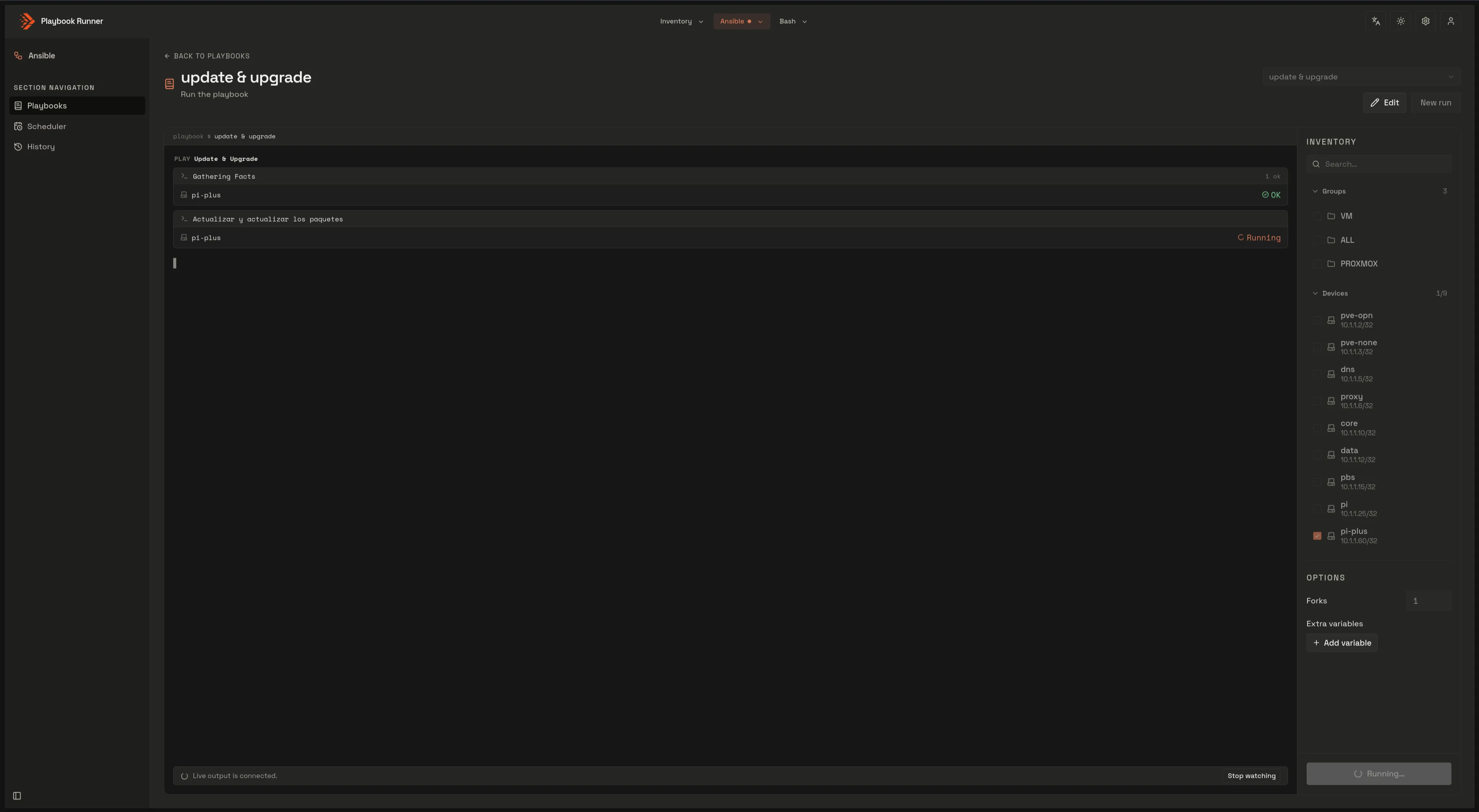 A playbook run streaming its tasks live, with the inventory panel on the right